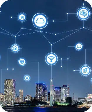 Edificio con iconos de telecomunicaciones e internet