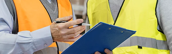Trabajadores usando equipos de protección personal durante evaluación de riesgos laborales